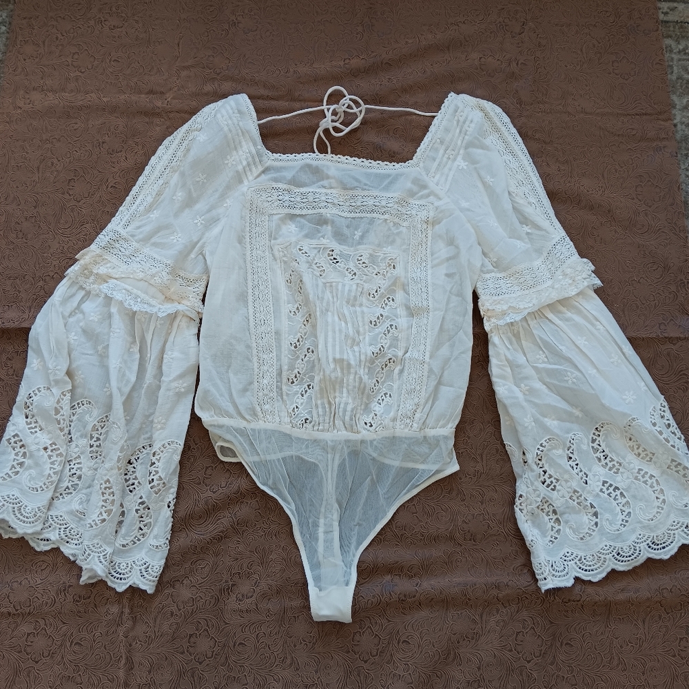 Free People Elegant White Lace Bodysuit
